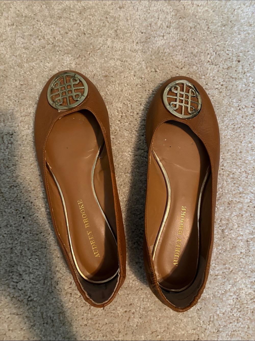 Audrey Brooke Brown Leather Ballet Flats with Gold Emblem